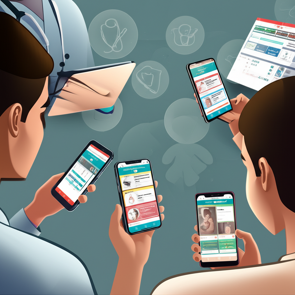 Estudantes de medicina brasileiros usando o aplicativo Medcards FULL em smartphones, tablets e computadores, com flashcards coloridos e gráficos de progresso.