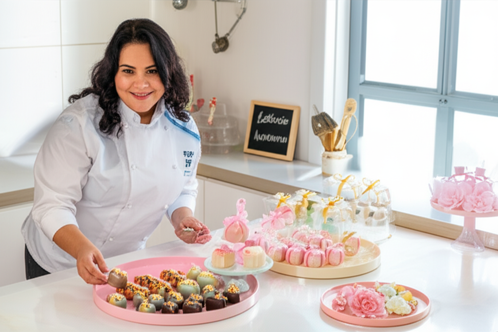 Ísis Alvarez presenting elegant gourmet sweets on pastel trays in a modern kitchen, highlighting intricate decorations and luxurious packaging.