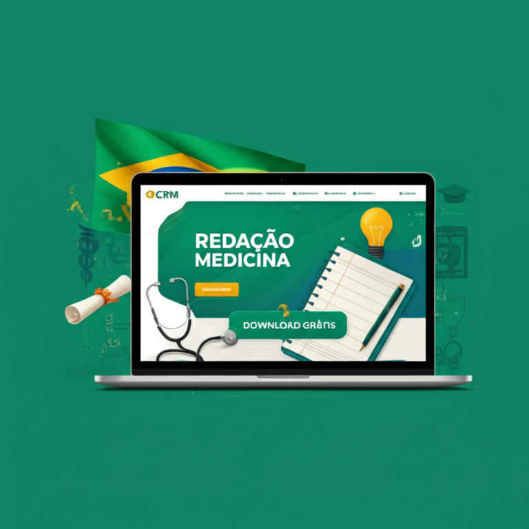Capa do curso CRM Redação Medicina exibindo botão de download gratuito, símbolos médicos e cores da bandeira brasileira.