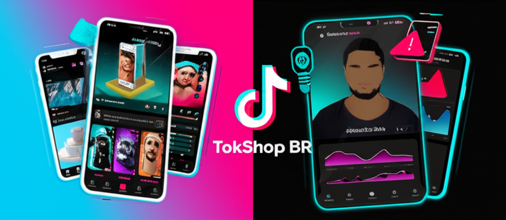 Ilustração de TokShop BR comparando métricas de ROI e risco de bloqueio de conta em campanhas TikTok Ads
