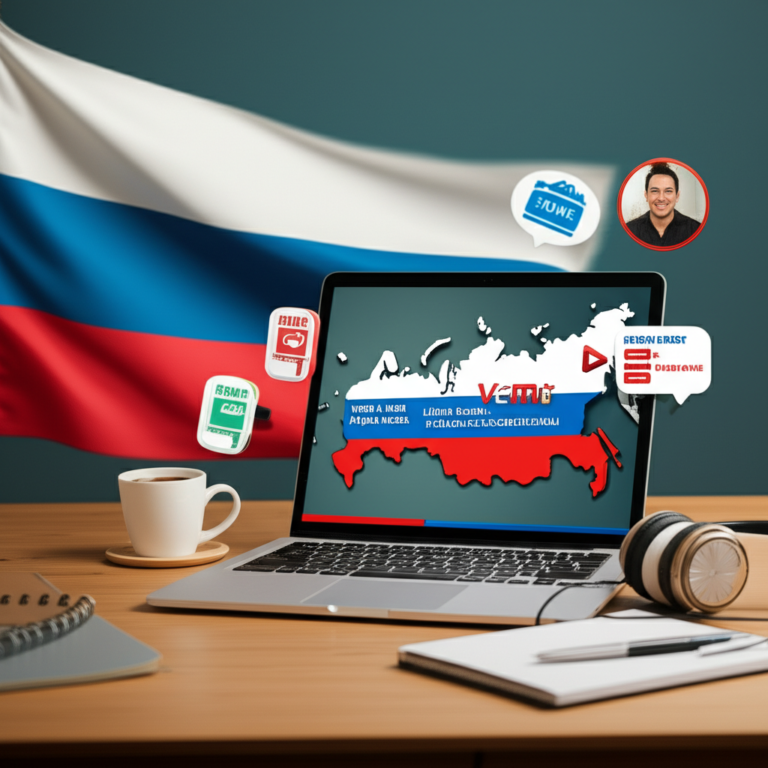 Tela de laptop mostrando aula do curso Vem a Mim Língua Russa, com ícones de PDF, áudio e suporte, cercado por bandeiras da Rússia e do Brasil.