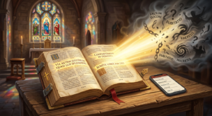 Open Bible with highlighted verses, smartphone showing biblical references, and a Catholic church interior background.