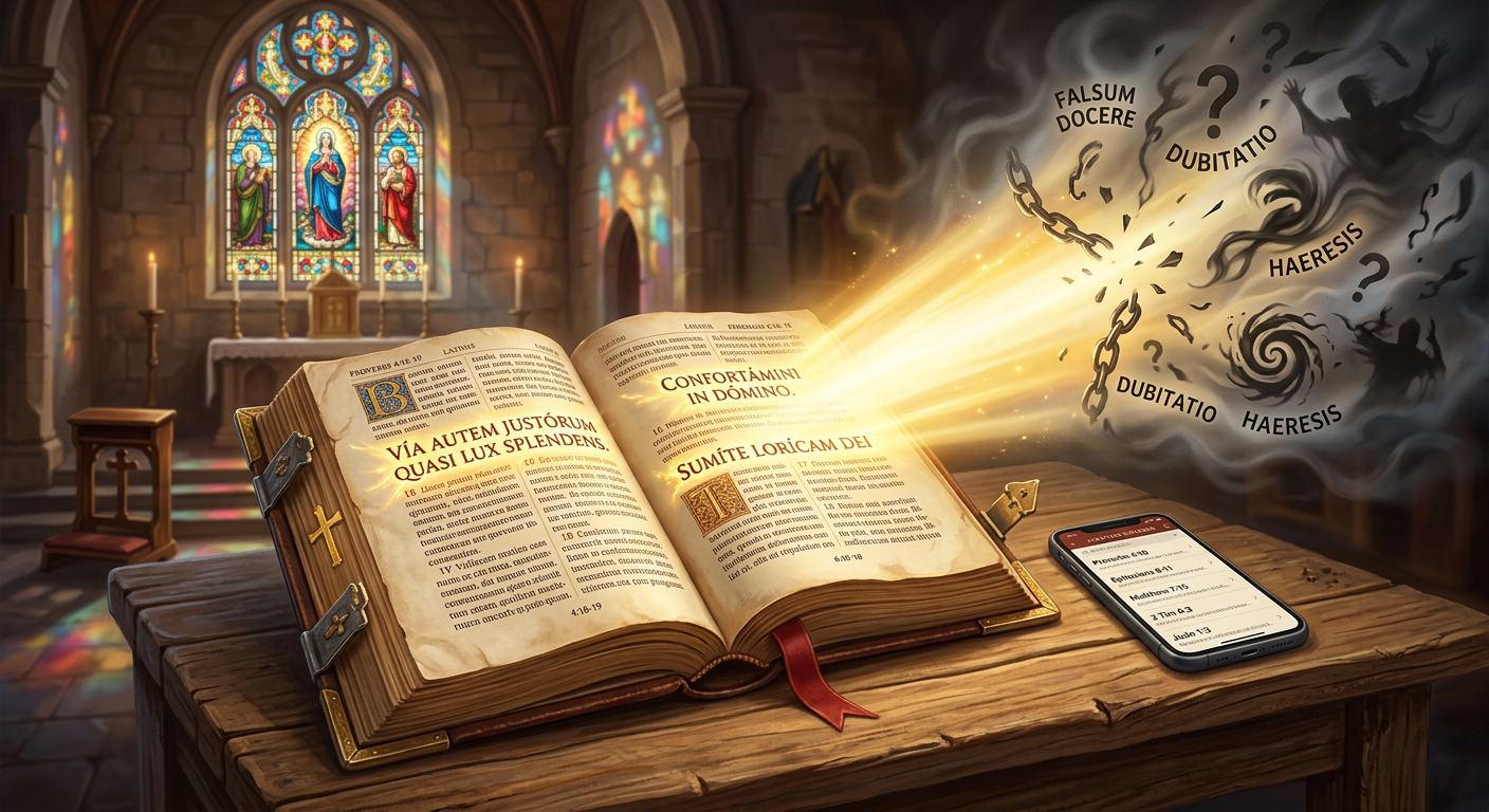 Open Bible with highlighted verses, smartphone showing biblical references, and a Catholic church interior background.