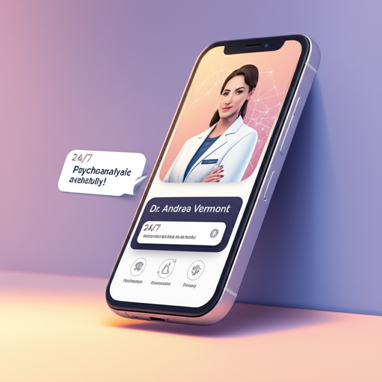 Interface do aplicativo AndreIA – terapeuta de bolso, mostrando avatar da Dra. Andrea Vermont e recursos de apoio 24/7 baseado em psicanálise e neurociência.