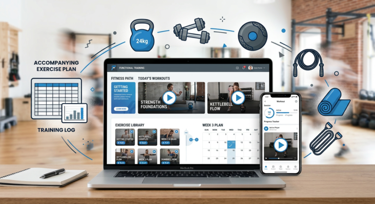 Interface de área de membros com vídeos de treinos funcionais, equipamentos de academia e planilha de exercícios.