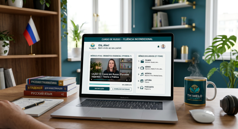 Tela do curso online de russo mostrando dashboard, conteúdo em cirílico e recursos bônus, ambientado em um escritório doméstico com bandeira russa e livros de gramática.