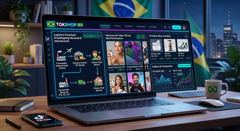 Dashboard do TokShop BR mostrando anúncios TikTok, thumbnails de produtos e fluxo de dropshipping com elementos de IA.