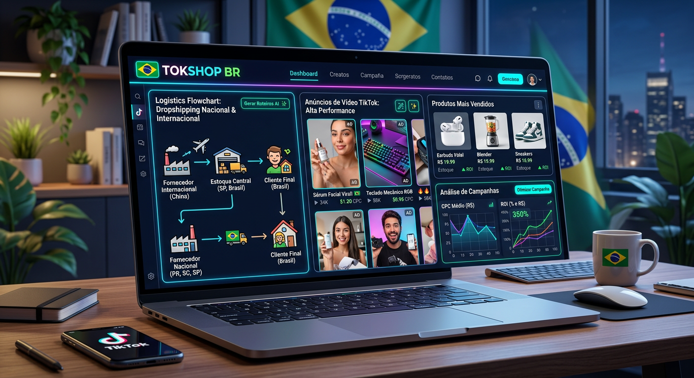 Dashboard do TokShop BR mostrando anúncios TikTok, thumbnails de produtos e fluxo de dropshipping com elementos de IA.