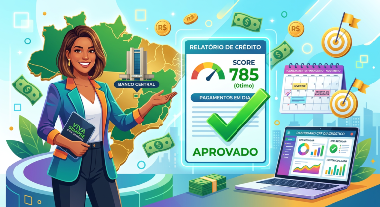 Ilustração de mulher confiante ao lado de relatório de crédito limpo, símbolos de dinheiro e calendário, representando o curso Viva Sempre com Dinheiro.