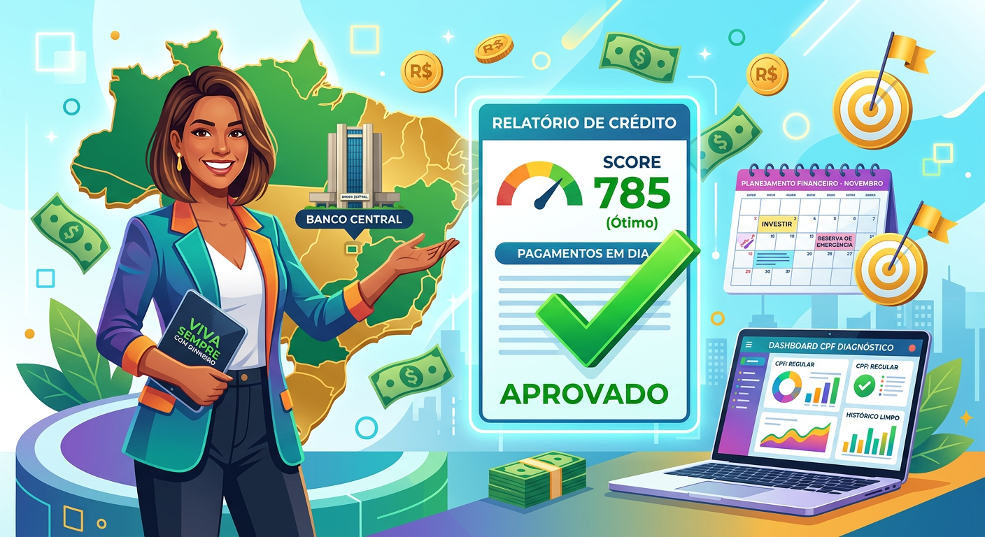 Ilustração de mulher confiante ao lado de relatório de crédito limpo, símbolos de dinheiro e calendário, representando o curso Viva Sempre com Dinheiro.