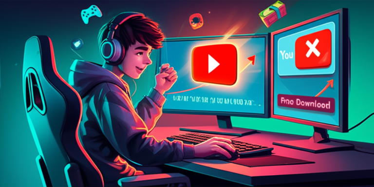 Gamer at desk with YouTube analytics, highlighting the official login shortcut versus a risky free download warning.