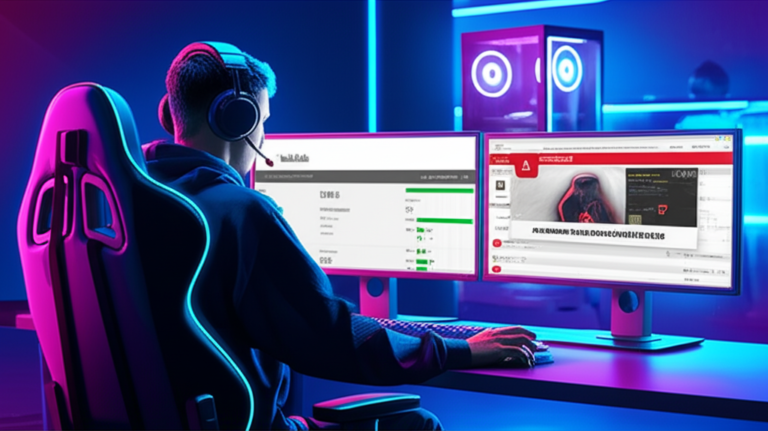 Gamer em cadeira de jogos olhando para duas telas: YouTube Studio mostrando métricas de canal e um pop‑up de download gratuito suspeito.