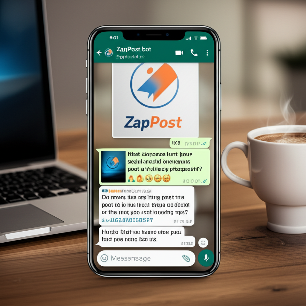 Tela de WhatsApp recebendo posts diários criados pela IA do ZapPost, com imagem, legenda e hashtags, ao lado de um escritório moderno.