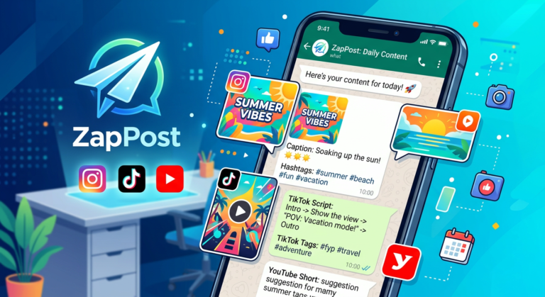 Ilustração de um celular recebendo posts prontos, legendas e roteiros de vídeo via WhatsApp, representando o ZapPost – criador automático de conteúdo para redes sociais.