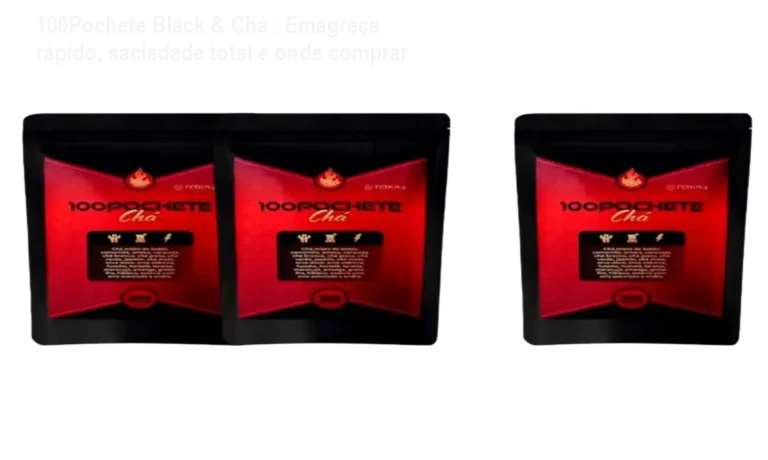 Frasco de 100Pochete Black & Chá ao lado de duas cápsulas, mostrando a solução natural para emagrecimento rápido e controle de apetite