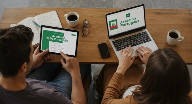 Imagem promocional da Academia de Português de Álvaro Ferreira mostrando aulas em vídeo e resolução alternativa por alternativa
