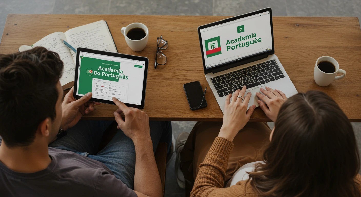 Imagem promocional da Academia de Português de Álvaro Ferreira mostrando aulas em vídeo e resolução alternativa por alternativa