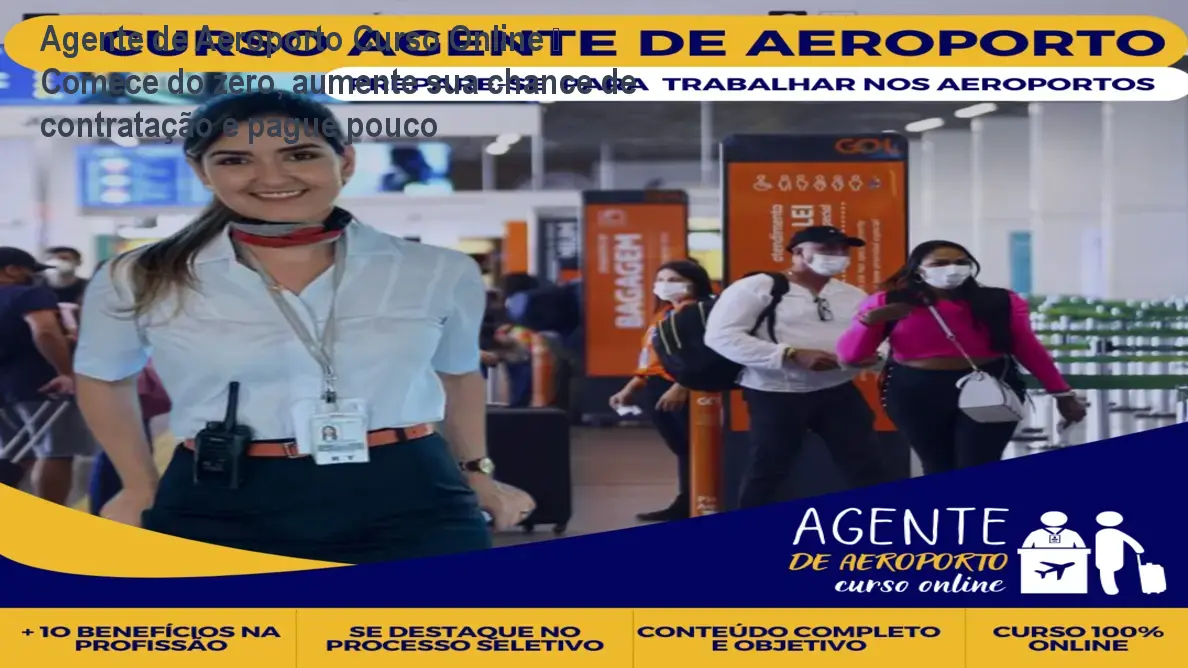 Imagem mostrando a tela do curso online de Agente de Aeroporto com destaque para módulos de preparação de currículo e vagas de emprego