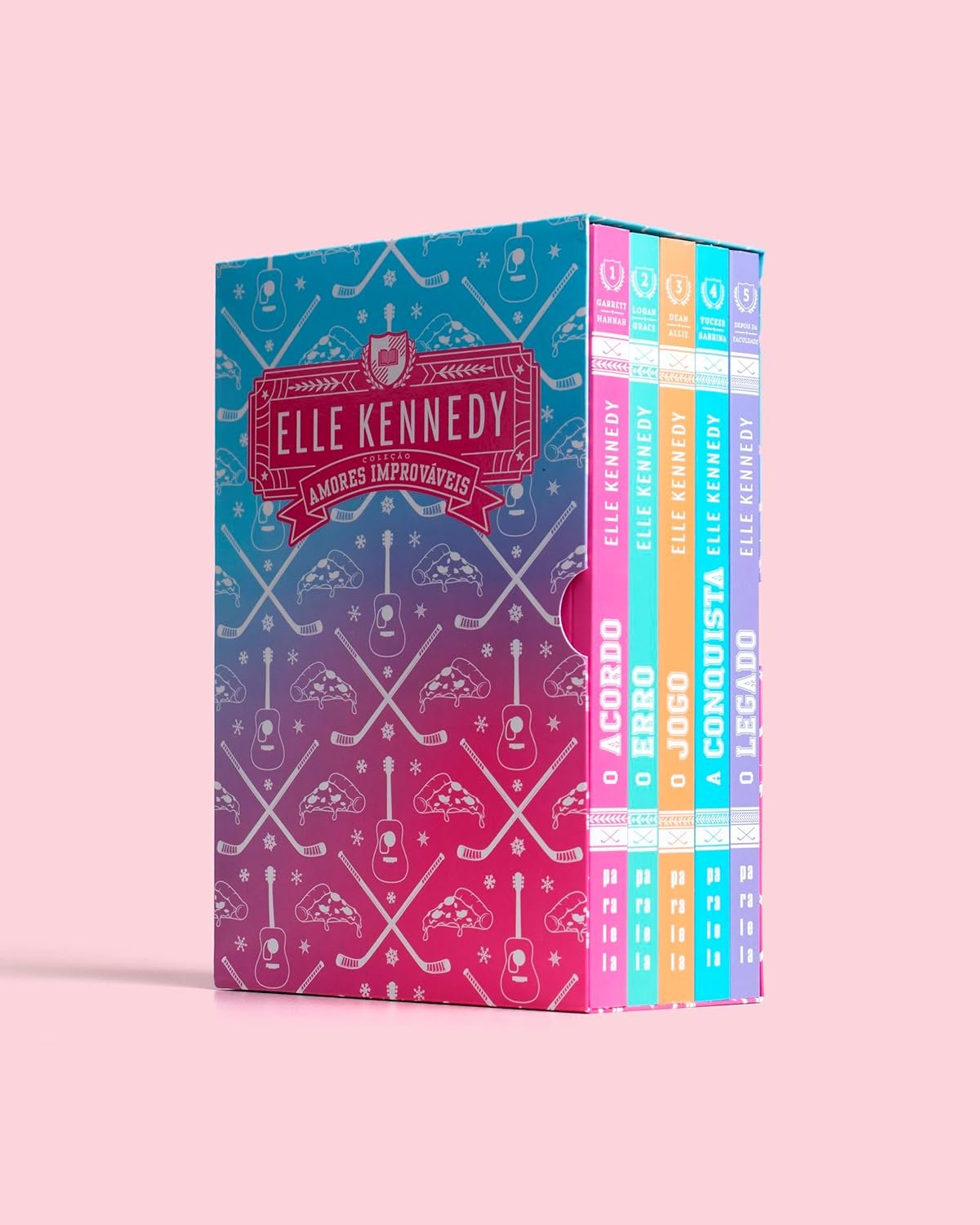 Box da série Amores Improváveis de Elle Kennedy com capas novas, capa comum e acabamento de dupla lombada