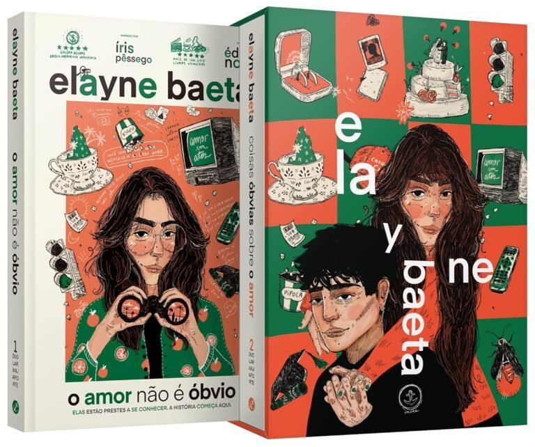 Ilustração de Íris e Édra em bicicletas, rodeadas pelos livros da duologia Laranja‑forte de Elayne Baeta, com fundo laranja vibrante e detalhes de campus universitário.