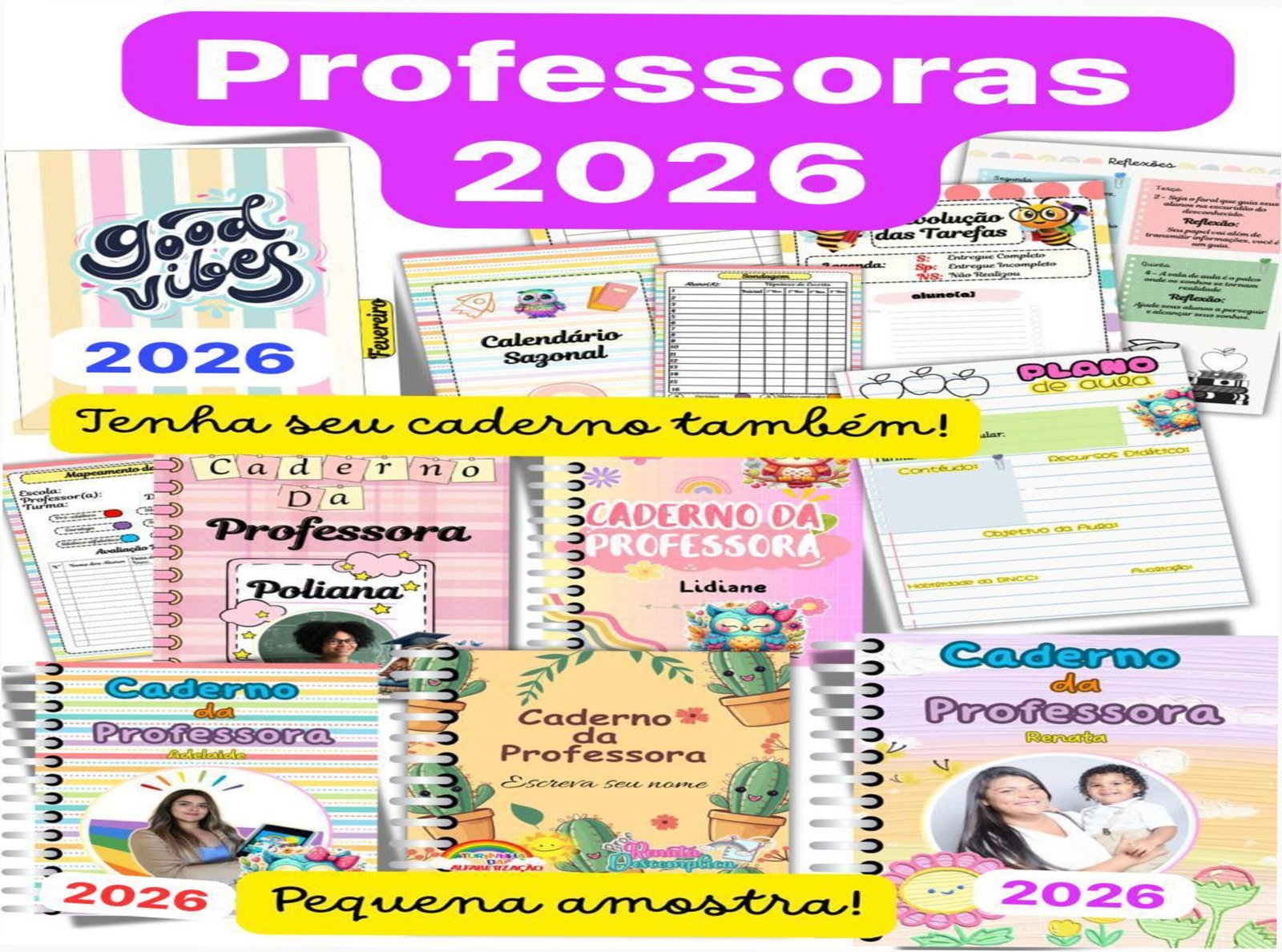 Caderno da Professora 2026 com sondagem diagnóstica, capas personalizáveis e planner para organizar turmas e aulas
