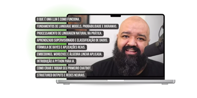 Ilustração de Caio Gomes apresentando o curso O Senhor das LLMs, com visual futurista de redes neurais e elementos de IA.