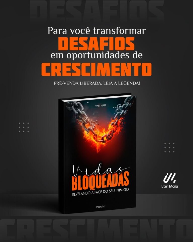 Capa digital do livro Vidas Bloqueadas de Ivan Maia, mostrando uma silhueta humana com nove correntes quebrando, representando a libertação dos bloqueios internos.