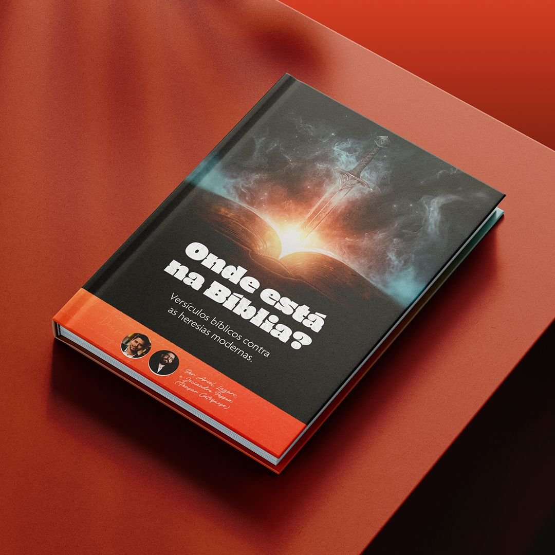 Capa do eBook Onde está na Bíblia – Versículos bíblicos contra as heresias modernas com Bíblia aberta, símbolos de heresias modernas e imagens de arqueologia da Terra Santa