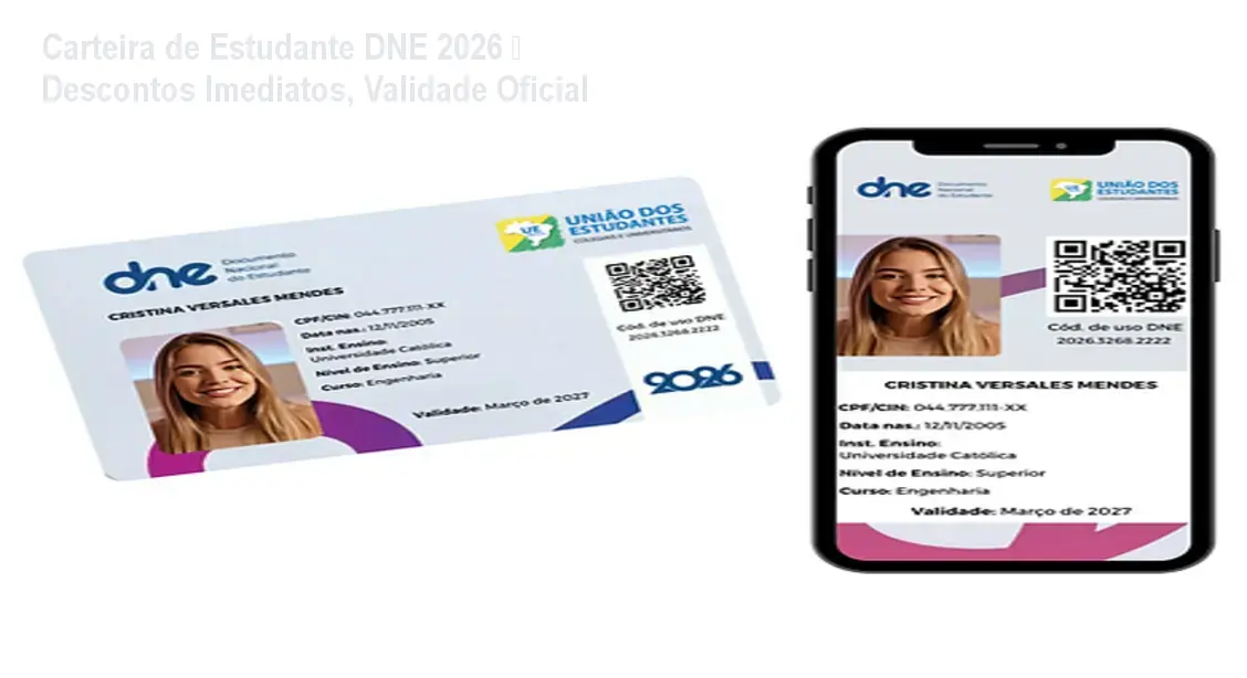 Carteira de Estudante DNE 2026 em uso para garantir desconto em cinema e transporte público