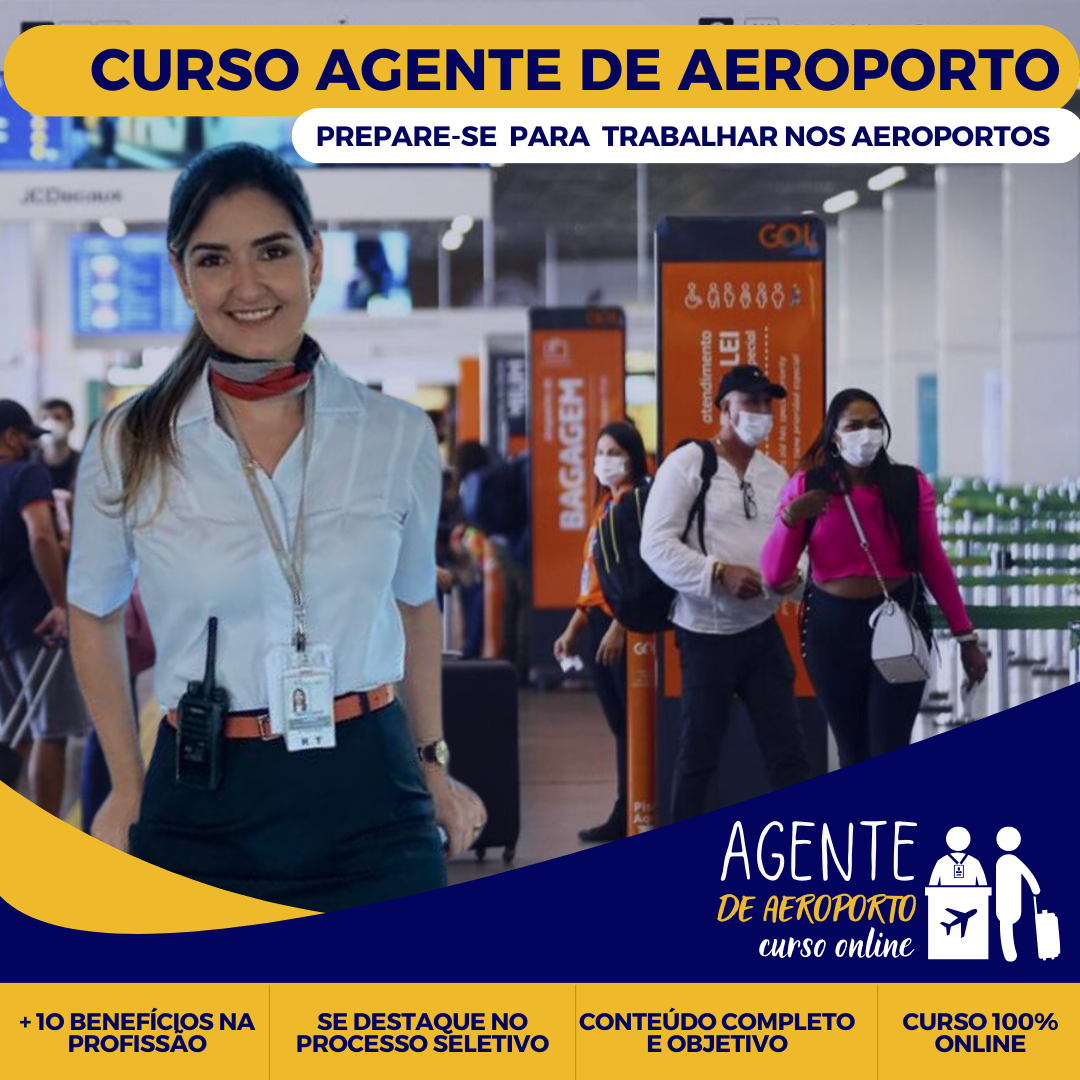 Jovem estudando o Curso Online de Agente de Aeroporto em casa, com laptop aberto, tela de treinamento e ícones de vagas e avião ao fundo.