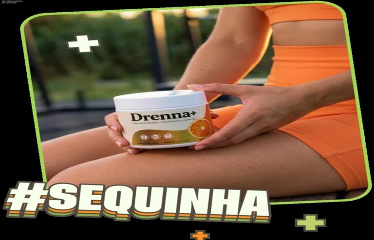 Frasco de Drenna+ em pó sendo misturado em água, mostrando o efeito desinchante e controle da fome