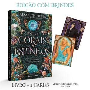 Capa imaginária do Livro 4 da série Entre Corais e Espinhos, com Rosa segurando um arco luminoso e Dayton em armadura, cercados por corais brilhantes, espinhos e um vale feérico ao entardecer.