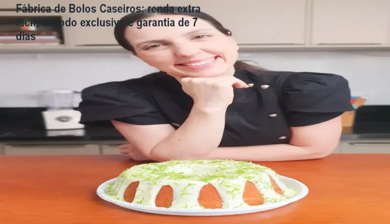 Imagem do curso Fábrica de Bolos Caseiros mostrando a autora ensinando técnicas práticas e destacando a possibilidade de ganhar dinheiro em casa