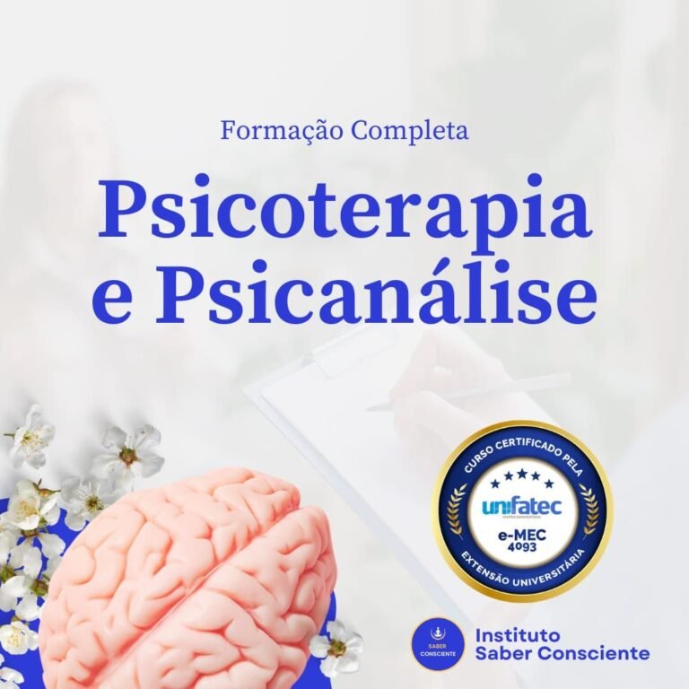 Terapeuta em ambiente online com símbolos da psicanálise clássica e da psicoterapia contemporânea, representando a formação completa em Psicoterapia e Psicanálise.