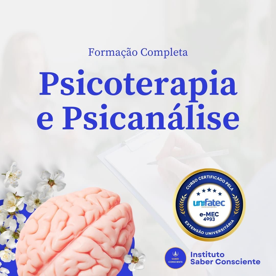 Online course on psychotherapy and psychoanalysis with a female therapist, laptop, classic books and modern therapy icons, showing a digital certificate badge.
