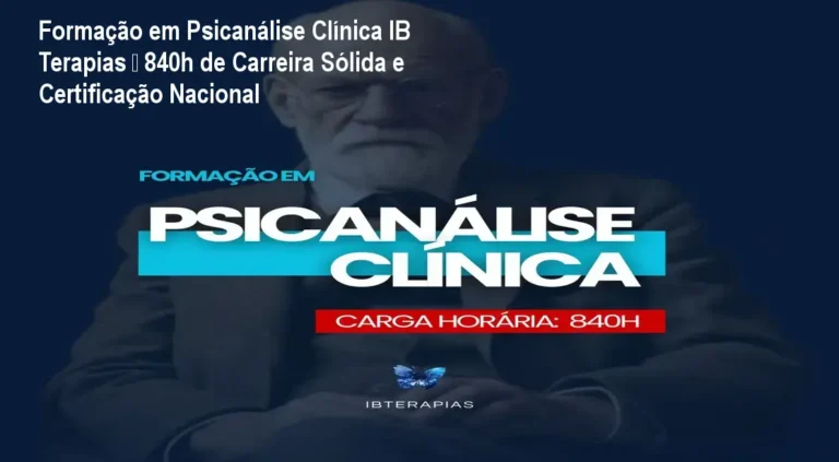 Imagem da plataforma IB Terapias mostrando a página da Formação em Psicanálise Clínica com destaque para 840 horas de conteúdo e certificado reconhecido