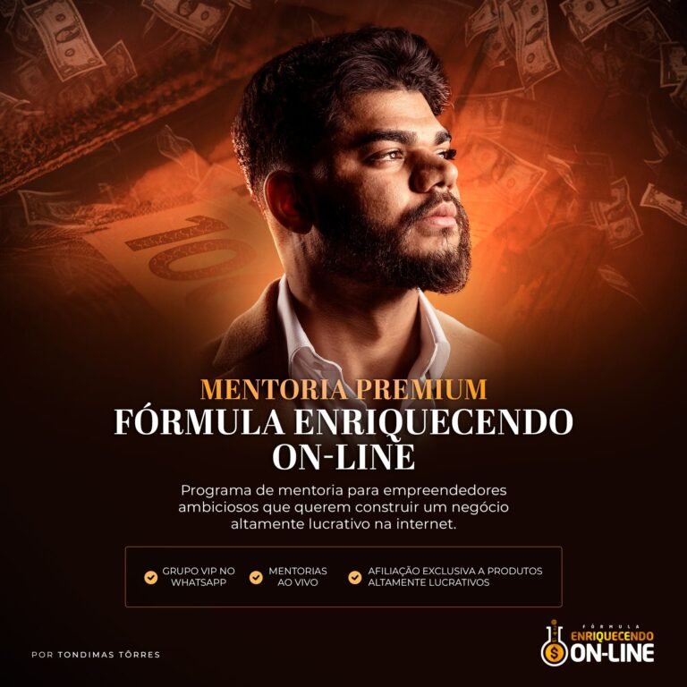 Capa do curso Fórmula Enriquecendo Online VIIP destacando suporte VIP, mentorias ao vivo e conteúdo prático