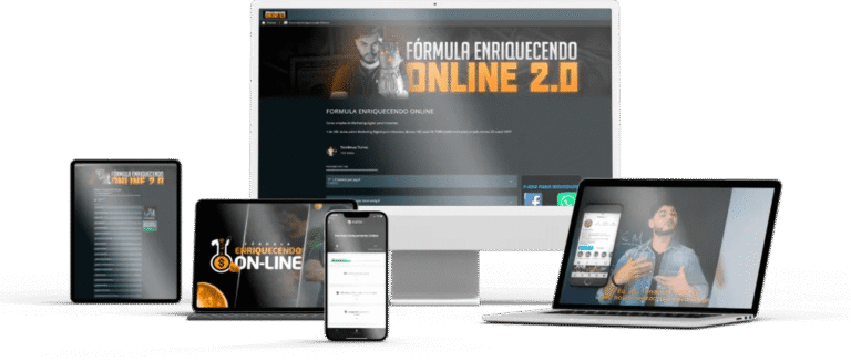 Imagem promocional do curso Fórmula Enriquecendo Online VIIP mostrando suporte ao vivo e resultados de vendas