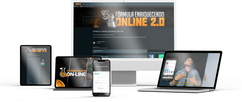 Imagem promocional do curso Fórmula Enriquecendo Online VIIP mostrando suporte ao vivo e resultados de vendas