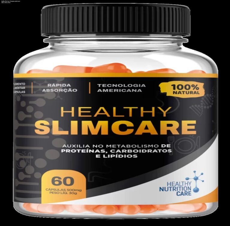 Frasco de Healthy SlimCare com duas cápsulas, ilustrando o consumo diário para acelerar o metabolismo e perder peso