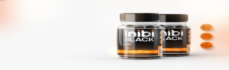Frasco de Inibi Black nas mãos, mostrando cápsulas para queima de gordura e controle do apetite