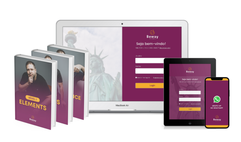 Jonas, professor e advogado, apresenta o curso Beway 2.0 em ambiente de aprendizado de inglês, com tablet, ícones de vocabulário e gráfico de aumento salarial.