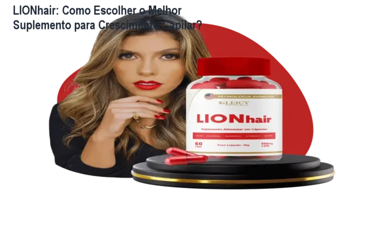 Frasco de LIONhair sobre bancada mostrando cápsulas e cabelos mais fortes
