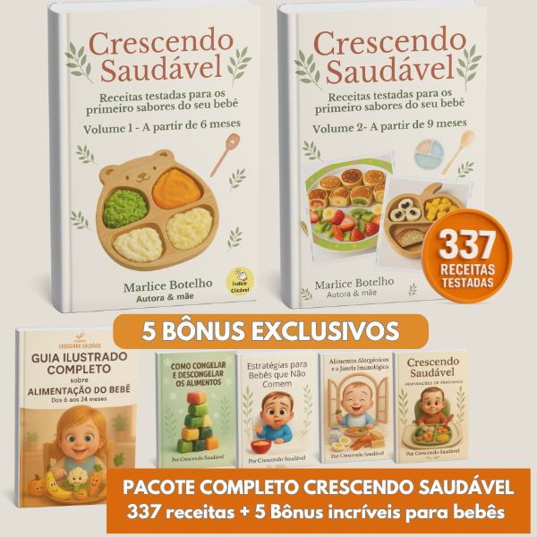 Mãe preparando papinha nutritiva para bebê em cozinha iluminada, com guia ilustrado “Receitas Para Bebês Crescendo Saudável” ao fundo.
