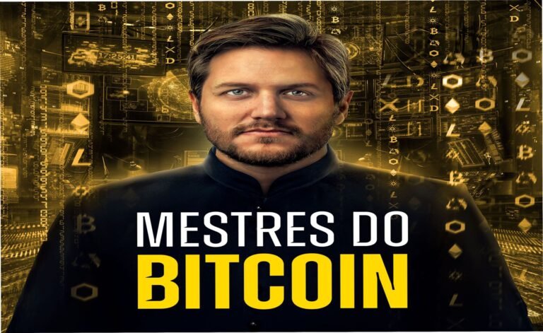 Imagem promocional do curso Mestres do Bitcoin com gráfico de Bitcoin, autor Augusto Backes e destaque das aulas completas