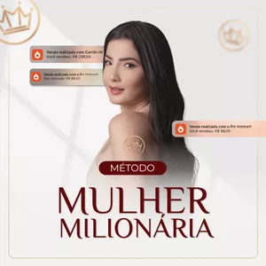 Mikaele Gomes Silva, fundadora do Método Mulher Milionária, segurando um celular e cercada por ícones de marketing digital.