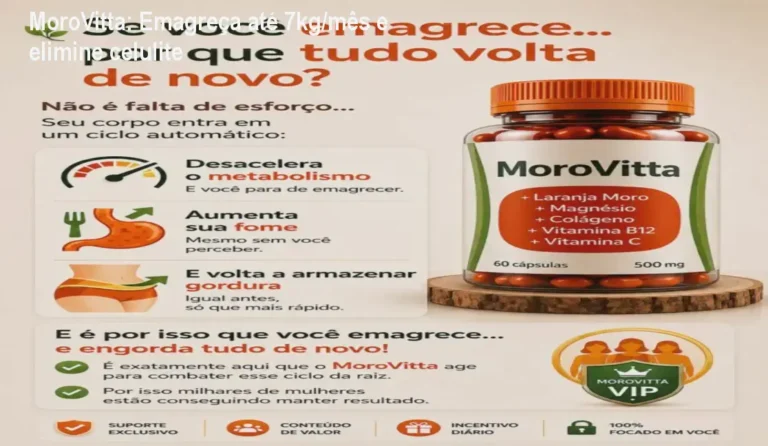 Frasco de MoroVitta ao lado de cápsulas, mostrando a solução natural para emagrecer e melhorar a pele