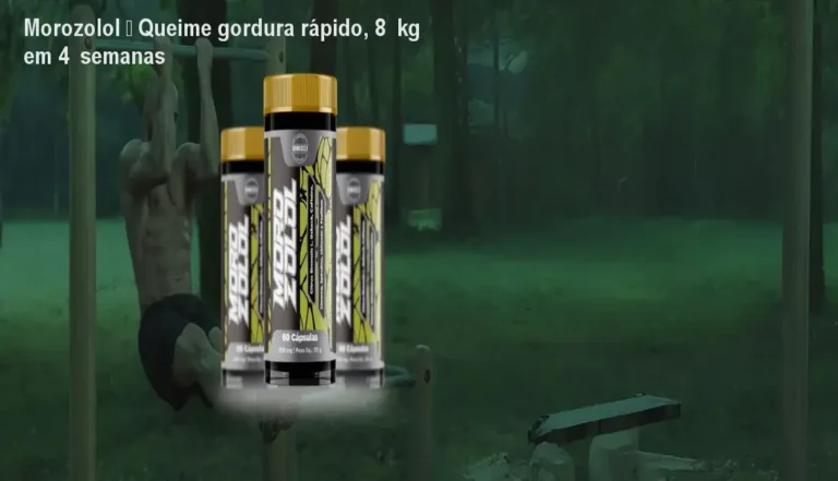 Frasco de Morozolol ao lado de medida de cintura mostrando redução após uso