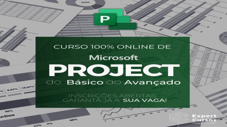 Tela do curso MS Project Expert mostrando módulos de planejamento de obras