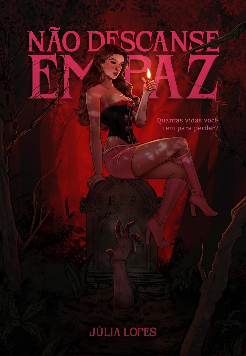Capa do livro Não Descanse em Paz de Júlia Lopes com personagens em silhueta e clima gótico